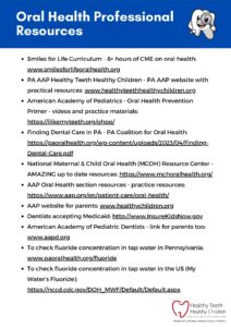 List of oral health resources for professionals and parents.